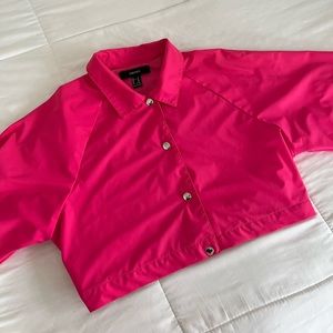 Forever 21 cropped bomber jacket in hot pink.